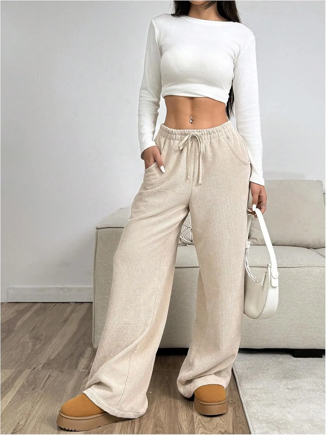 SOLY HUX Women's Drawstring Wide Leg Pants Corduroy Baggy Sweatpants with Pockets