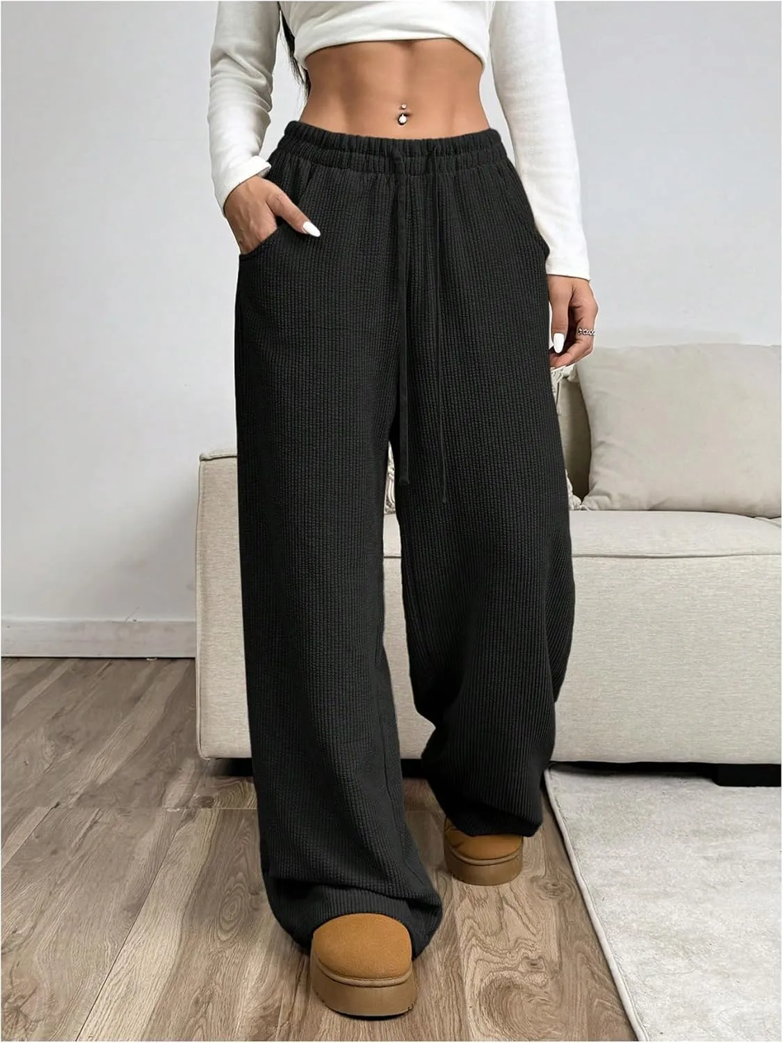 SOLY HUX Women's Drawstring Wide Leg Pants Corduroy Baggy Sweatpants with Pockets