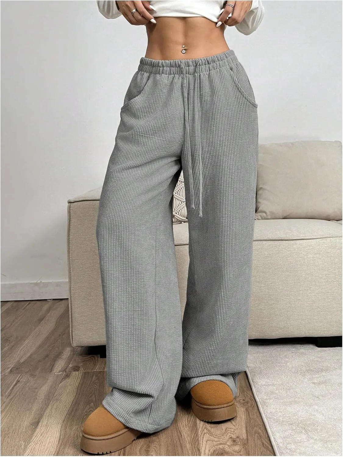 SOLY HUX Women's Drawstring Wide Leg Pants Corduroy Baggy Sweatpants with Pockets