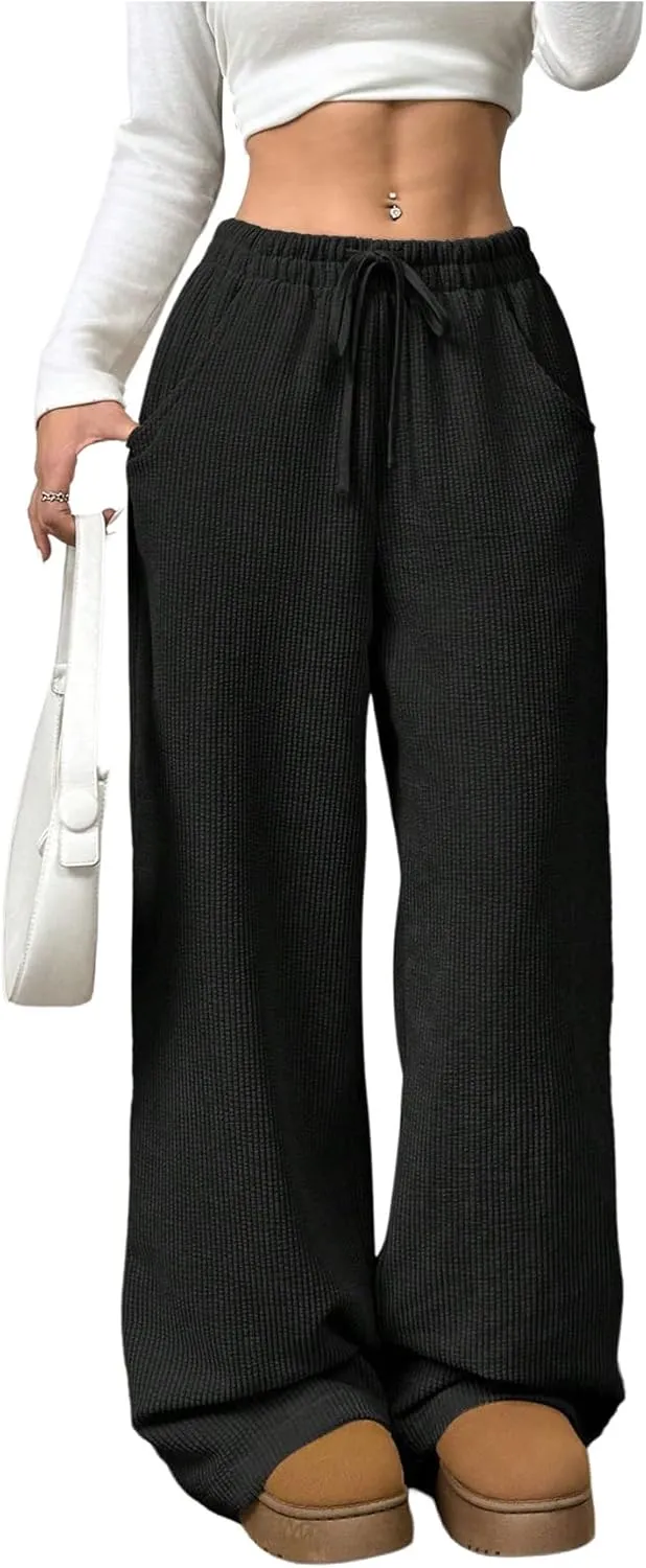 SOLY HUX Women's Drawstring Wide Leg Pants Corduroy Baggy Sweatpants with Pockets