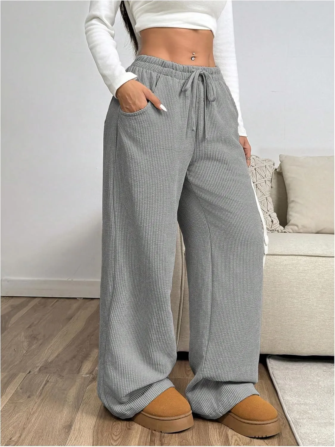 SOLY HUX Women's Drawstring Wide Leg Pants Corduroy Baggy Sweatpants with Pockets