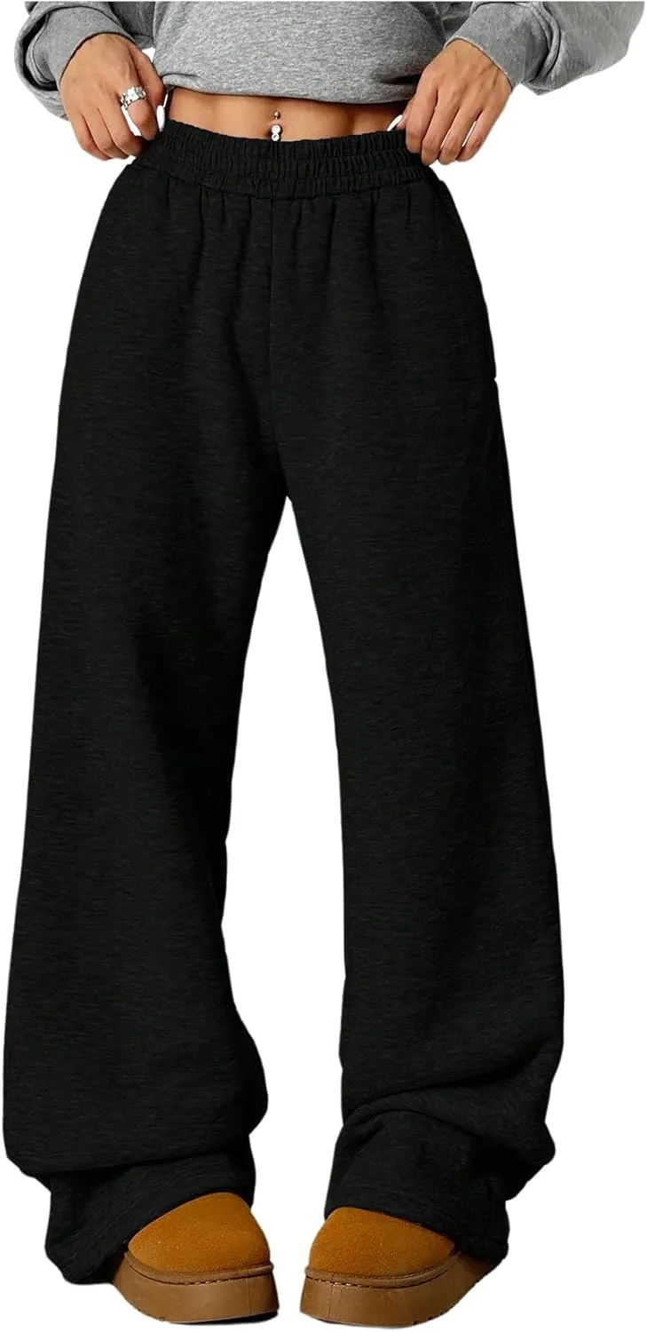 SOLY HUX Women's Elastic High Waisted Sweatpants Wide Leg Baggy Fleece Lined Pants with Pockets