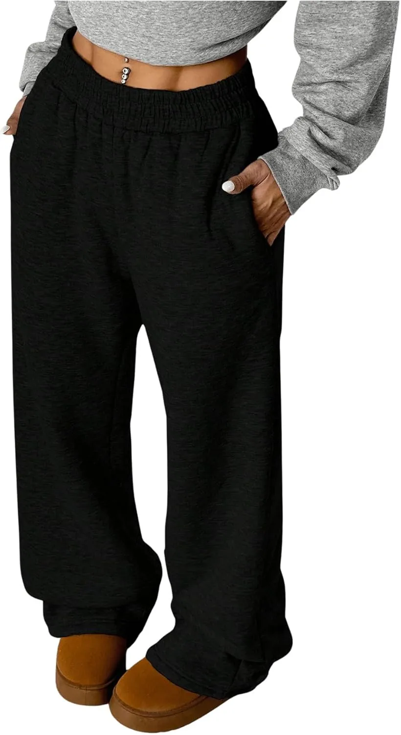 SOLY HUX Women's Elastic High Waisted Sweatpants Wide Leg Baggy Fleece Lined Pants with Pockets