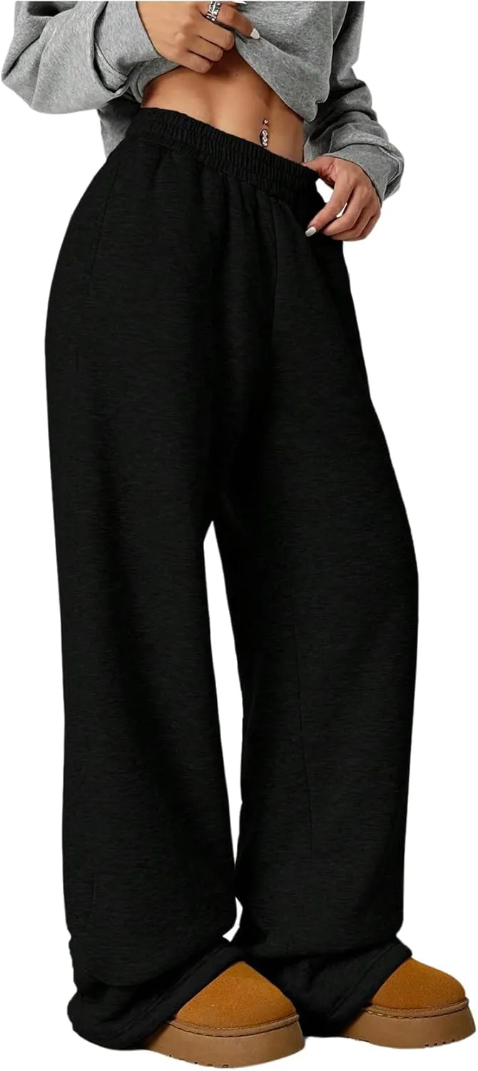 SOLY HUX Women's Elastic High Waisted Sweatpants Wide Leg Baggy Fleece Lined Pants with Pockets