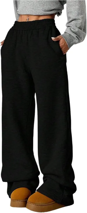 SOLY HUX Women's Elastic High Waisted Sweatpants Wide Leg Baggy Fleece Lined Pants with Pockets