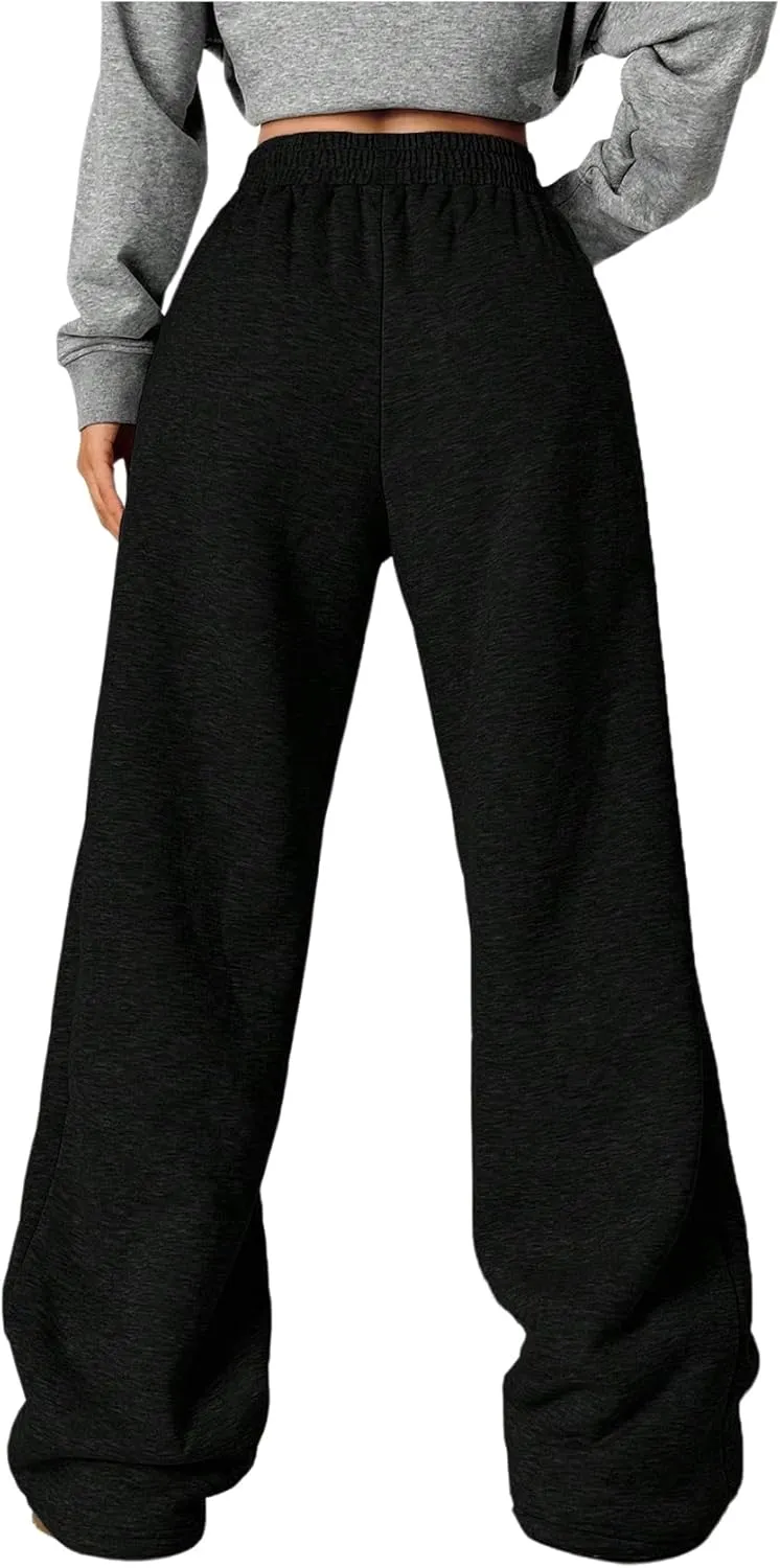 SOLY HUX Women's Elastic High Waisted Sweatpants Wide Leg Baggy Fleece Lined Pants with Pockets
