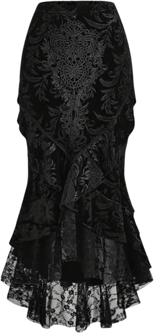 SOLY HUX Women's Goth Lace Ruffle Hem Long Skirt High Waist Bodycon Fishtail Skirts