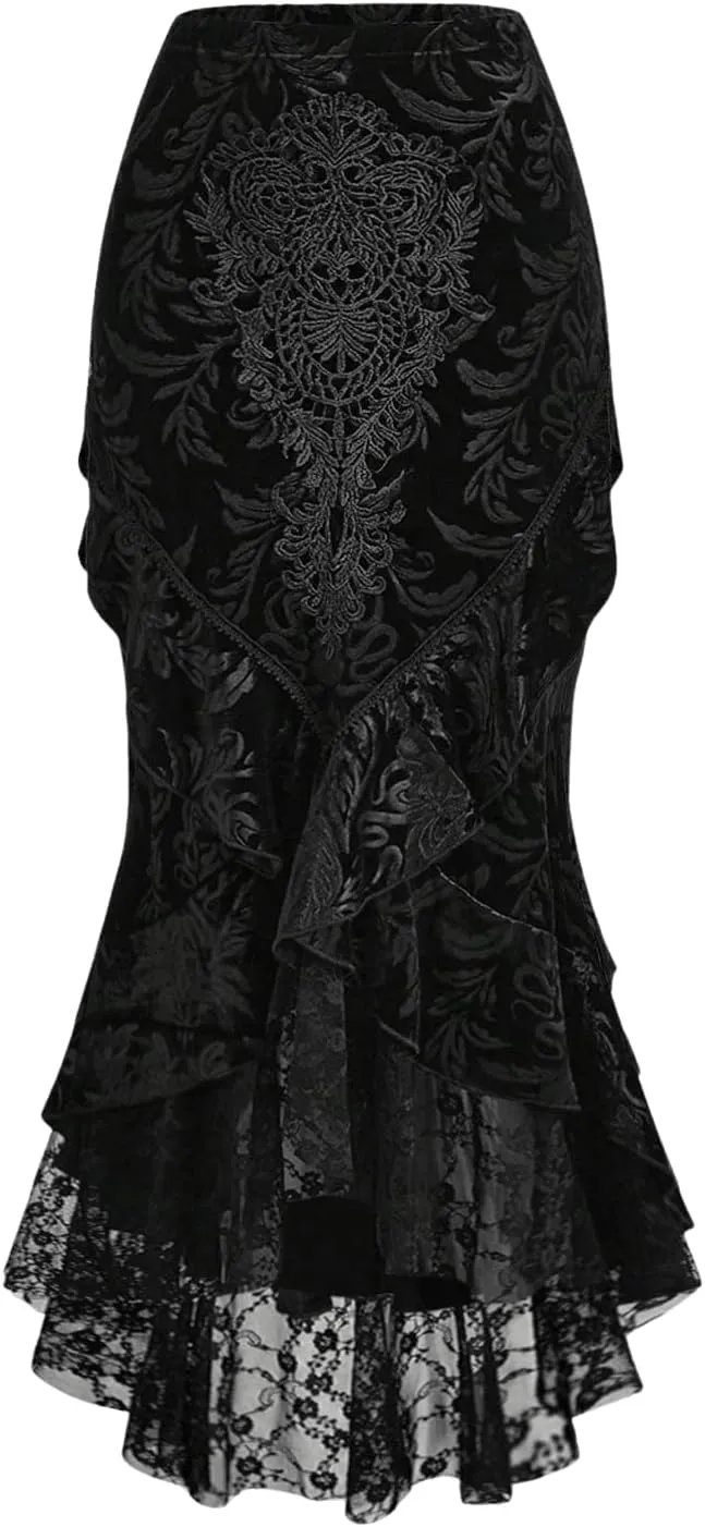 SOLY HUX Women's Goth Lace Ruffle Hem Long Skirt High Waist Bodycon Fishtail Skirts