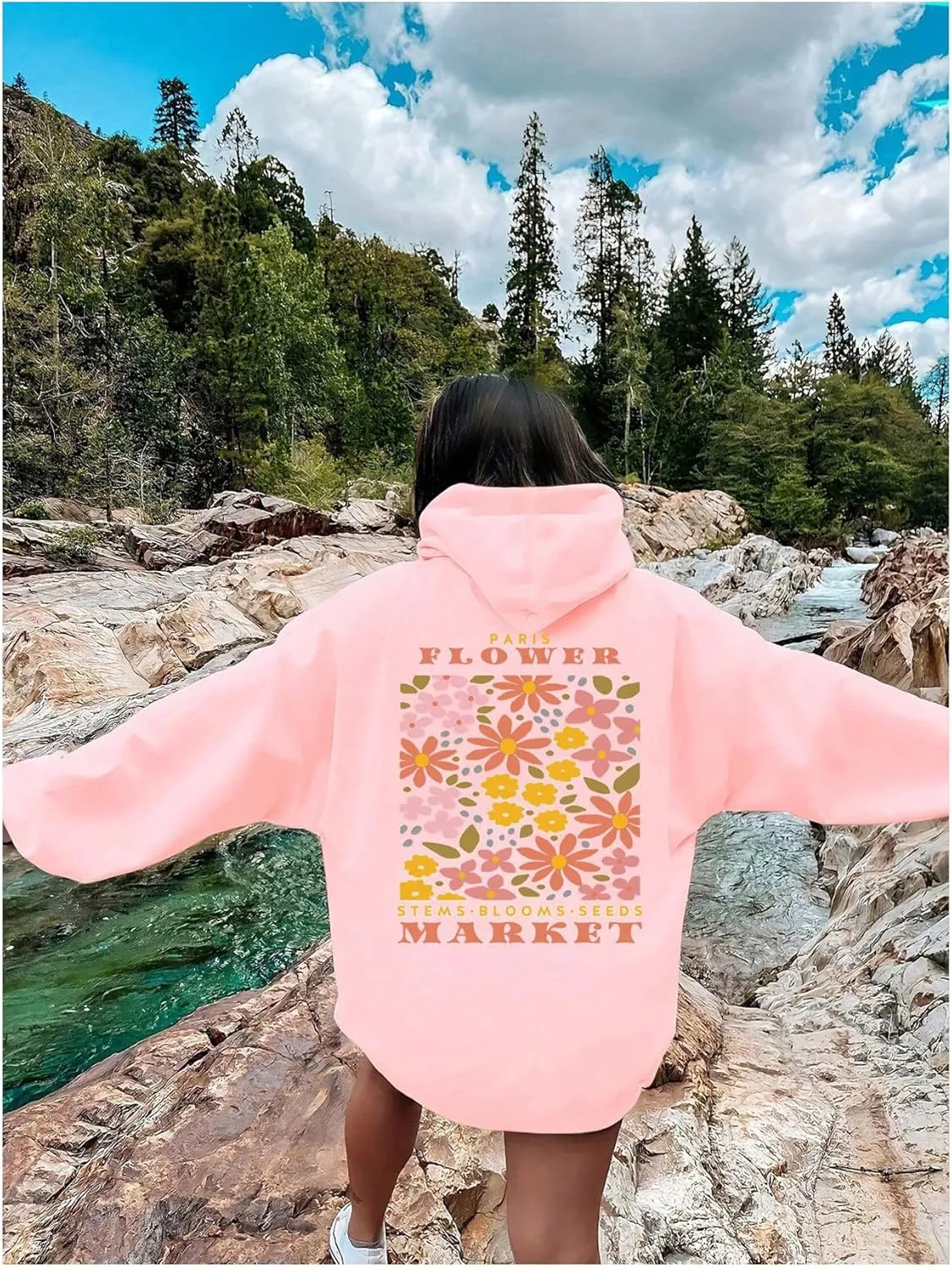 SOLY HUX Women's Letter Floral Print Hoodies Drawstring Long Sleeve Pullover Sweatshirt with Pocket