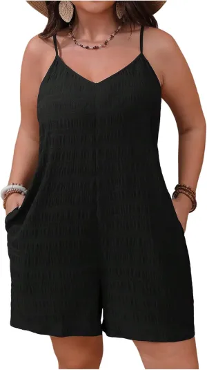 SOLY HUX Women's Plus Size Cami Romper Spaghetti Strap V Neck Summer Short Jumpsuit with Pockets