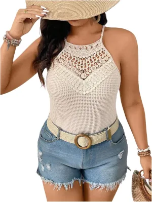 SOLY HUX Women's Plus Size Hollow Out Lace Halter Top Sleeveless Knit Fitted Summer Camisole