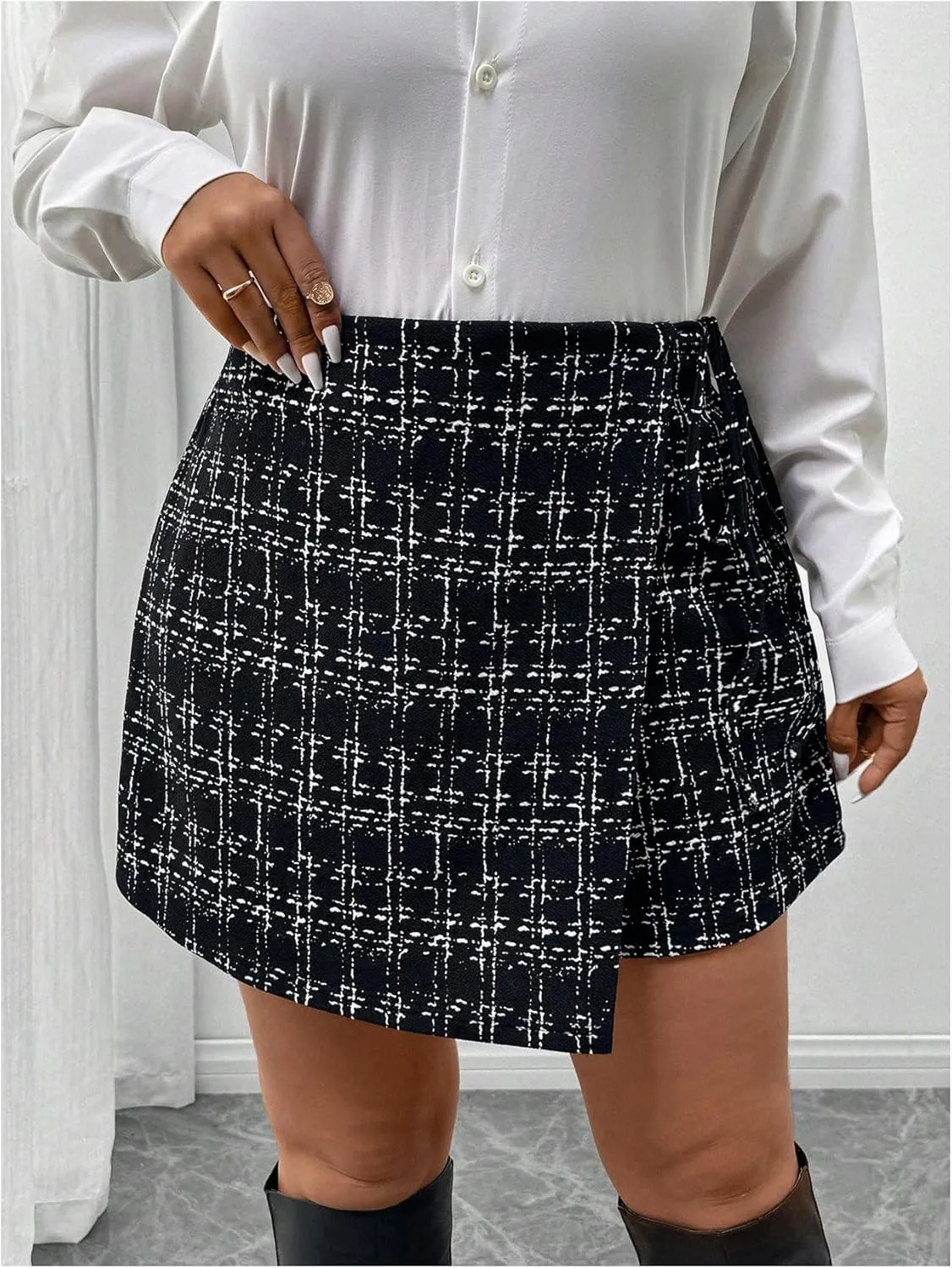 SOLY HUX Women's Plus Size Plaid Skort High Waisted Wrap Asymmetrical Hem Skirts Shorts