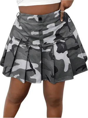 SOLY HUX Women's Plus Size Skirt Camo Print High Waisted Pleated A Line Short Skirts