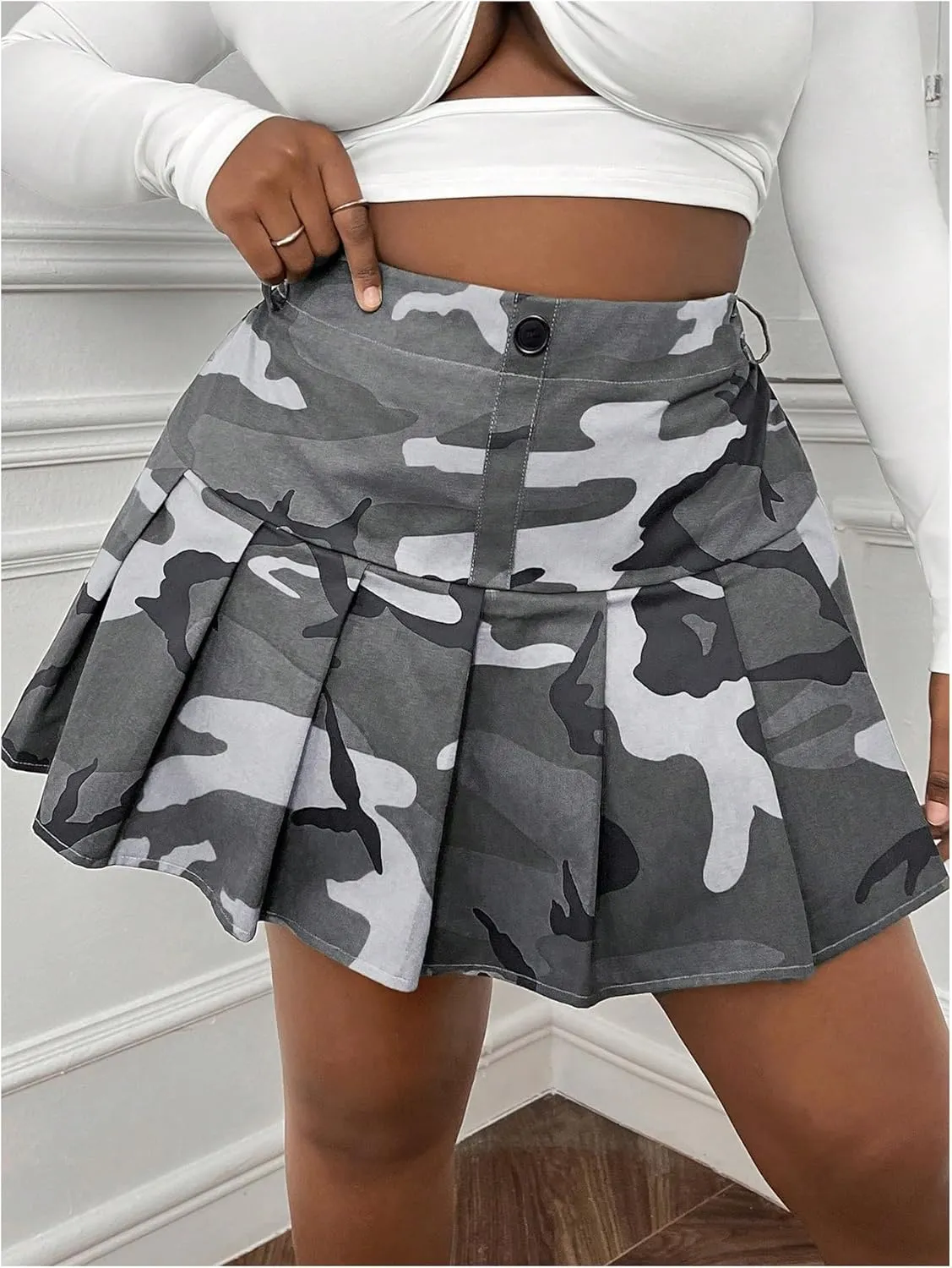 SOLY HUX Women's Plus Size Skirt Camo Print High Waisted Pleated A Line Short Skirts