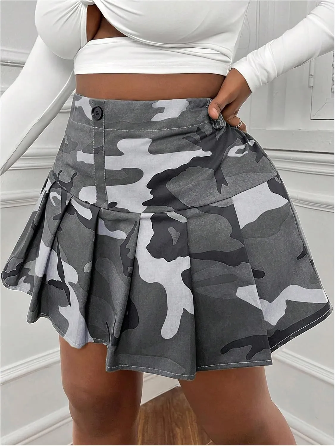 SOLY HUX Women's Plus Size Skirt Camo Print High Waisted Pleated A Line Short Skirts