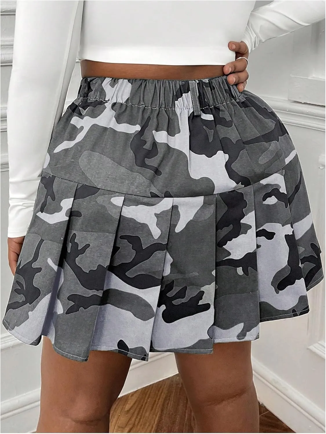 SOLY HUX Women's Plus Size Skirt Camo Print High Waisted Pleated A Line Short Skirts