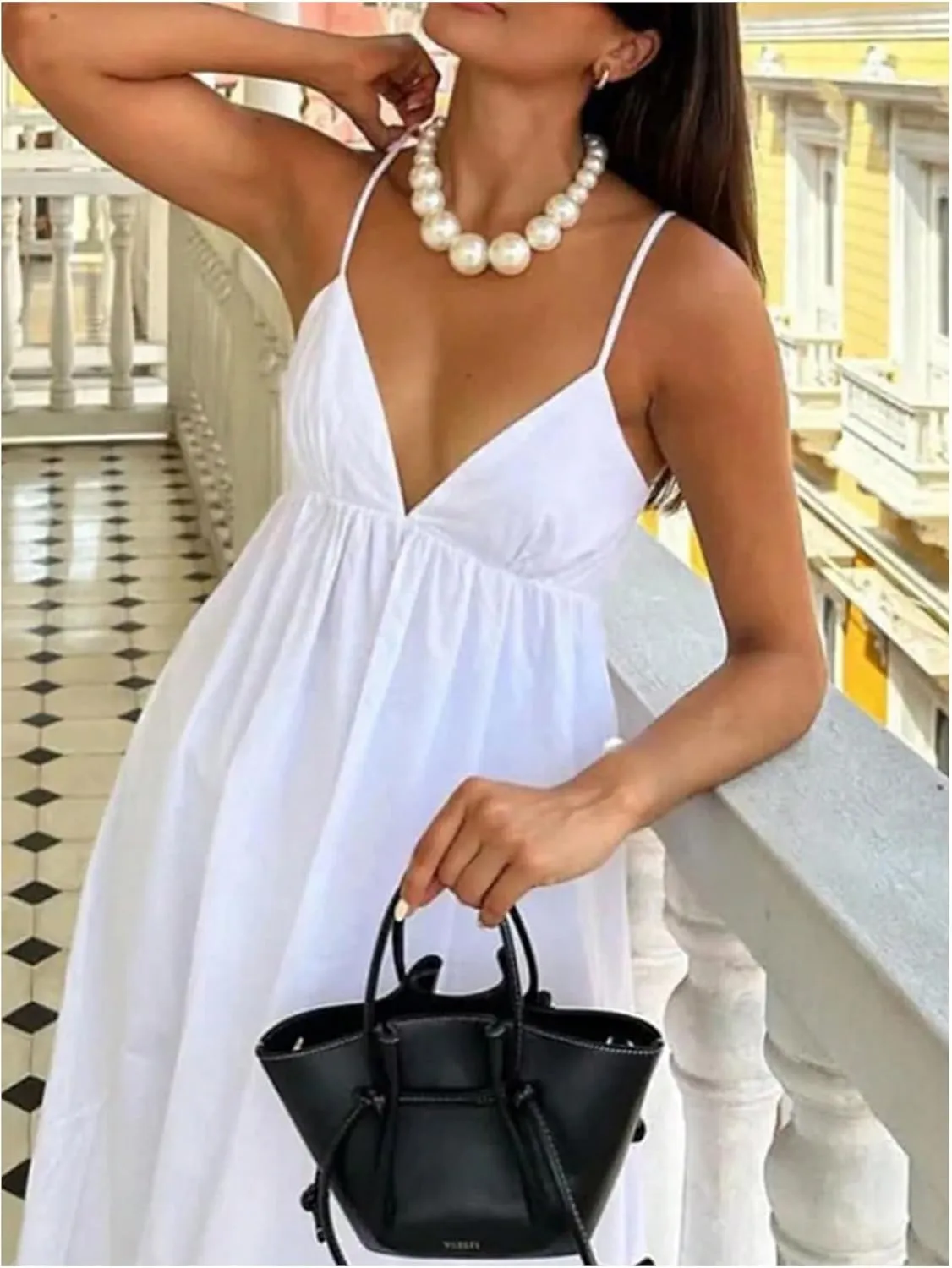 SOLY HUX Women's Summer Dress Backless V Neck Spaghetti Strap Loose Flowy Midi Cami Dresses