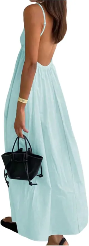 SOLY HUX Women's Summer Dress Backless V Neck Spaghetti Strap Loose Flowy Midi Cami Dresses