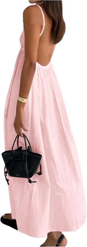 SOLY HUX Women's Summer Dress Backless V Neck Spaghetti Strap Loose Flowy Midi Cami Dresses