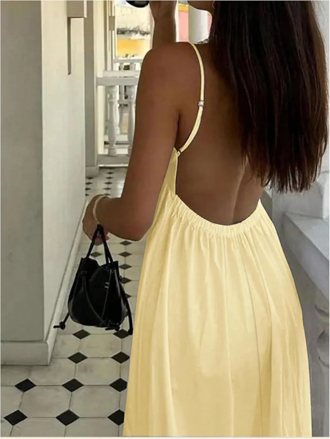 SOLY HUX Women's Summer Dress Backless V Neck Spaghetti Strap Loose Flowy Midi Cami Dresses