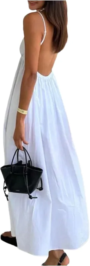 SOLY HUX Women's Summer Dress Backless V Neck Spaghetti Strap Loose Flowy Midi Cami Dresses