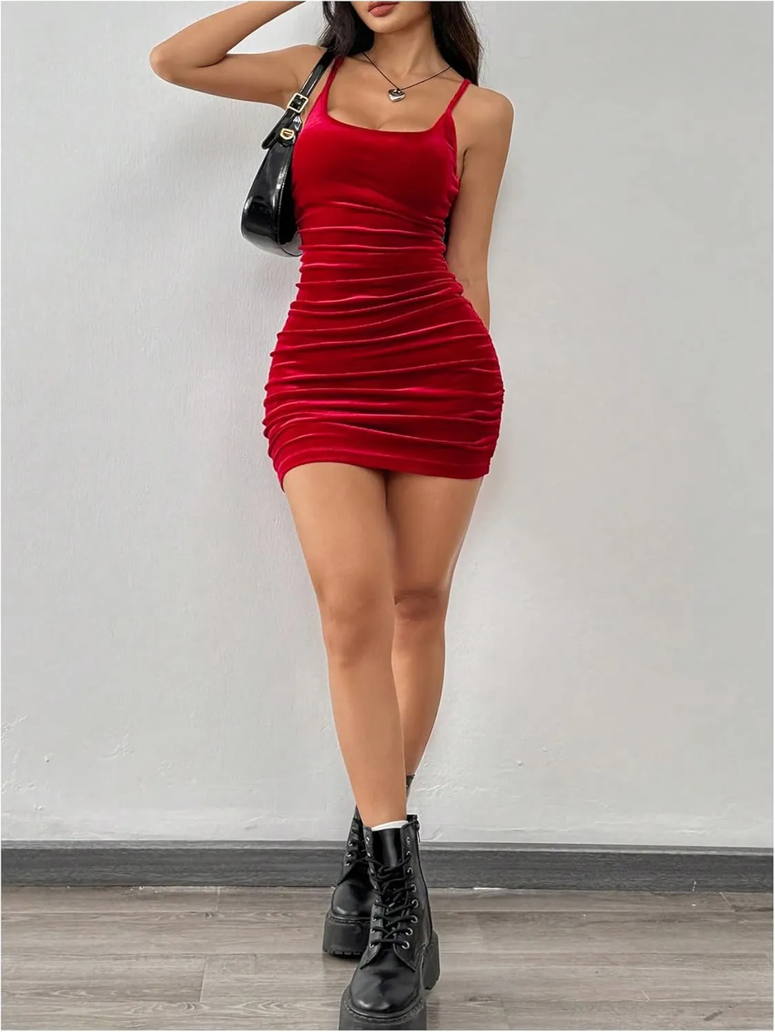 SOLY HUX Women's Velvet Mini Dress Ruched Bodycon Cami Party Club Dresses