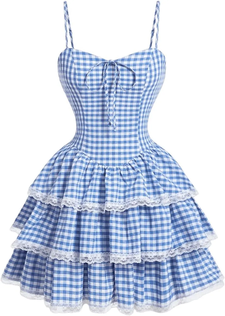 SOLY HUX Women's Y2k Gingham Plaid Mini Dress Lace Trim A Line Layered Ruffle Hem Cami Dresses