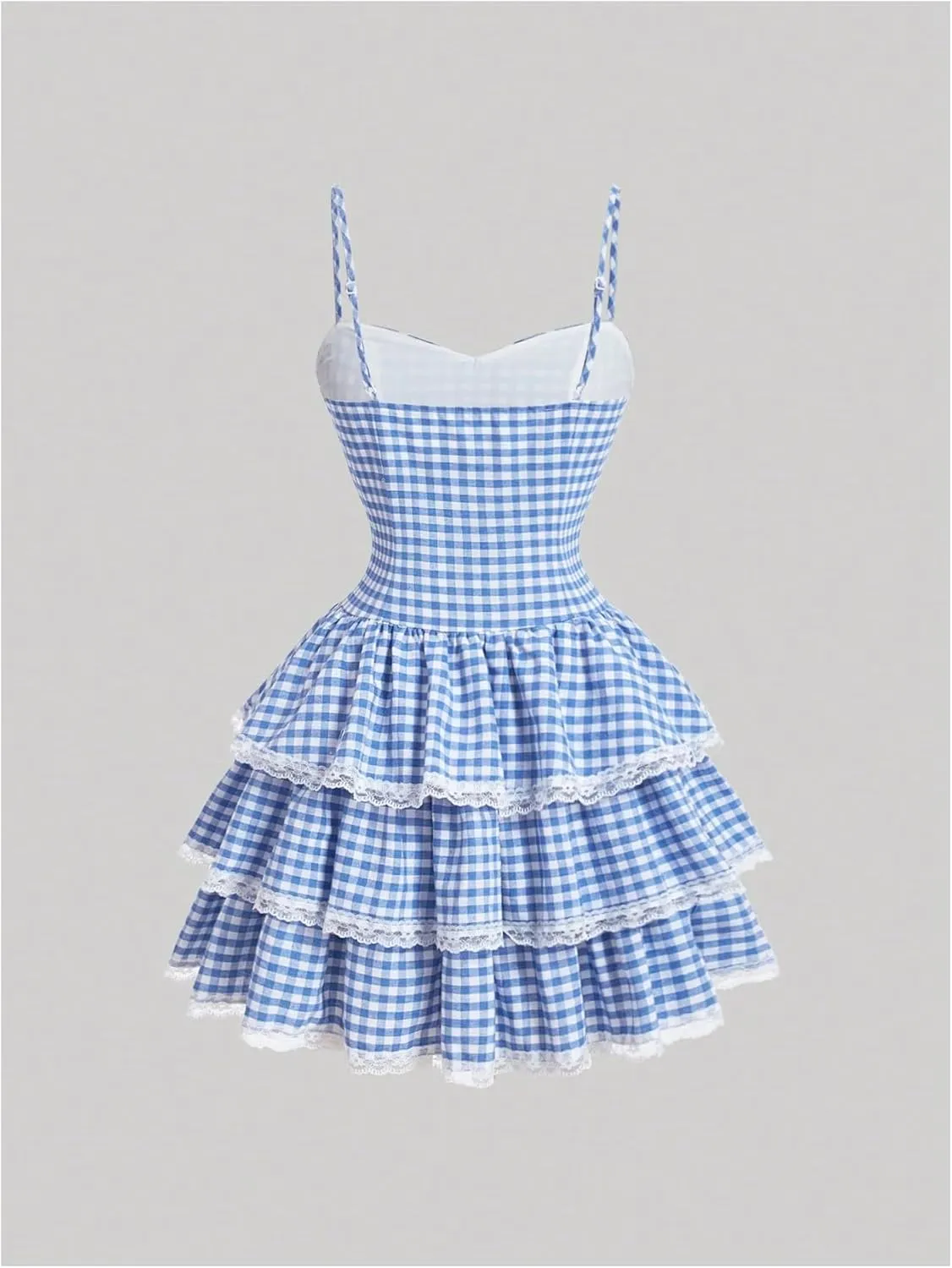 SOLY HUX Women's Y2k Gingham Plaid Mini Dress Lace Trim A Line Layered Ruffle Hem Cami Dresses