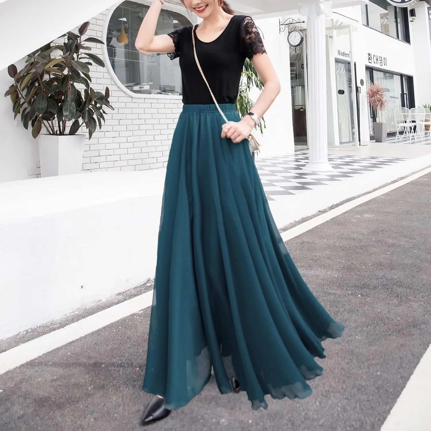Summer Beach Skirt for Women Flowy Chiffon Maxi Skirts Floor Length High Waisted Pleated Skirt Vintage Tea Party Dresses