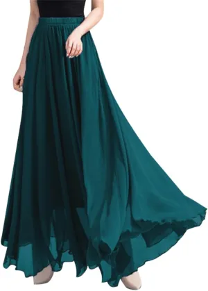 Summer Beach Skirt for Women Flowy Chiffon Maxi Skirts Floor Length High Waisted Pleated Skirt Vintage Tea Party Dresses