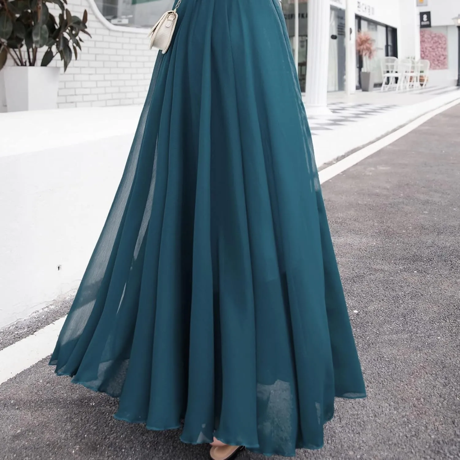 Summer Beach Skirt for Women Flowy Chiffon Maxi Skirts Floor Length High Waisted Pleated Skirt Vintage Tea Party Dresses