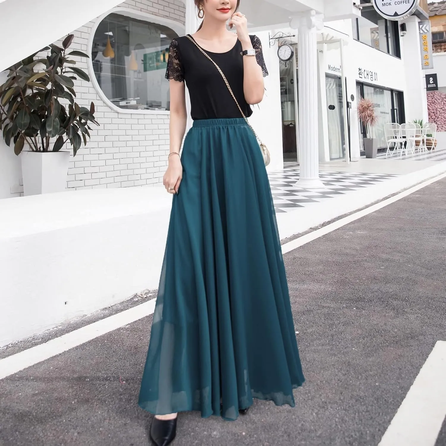 Summer Beach Skirt for Women Flowy Chiffon Maxi Skirts Floor Length High Waisted Pleated Skirt Vintage Tea Party Dresses