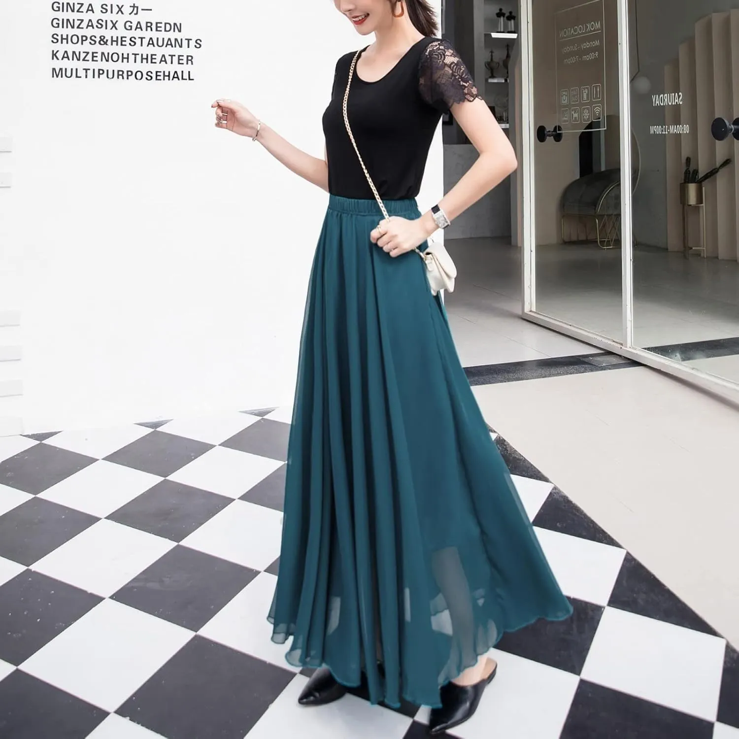 Summer Beach Skirt for Women Flowy Chiffon Maxi Skirts Floor Length High Waisted Pleated Skirt Vintage Tea Party Dresses
