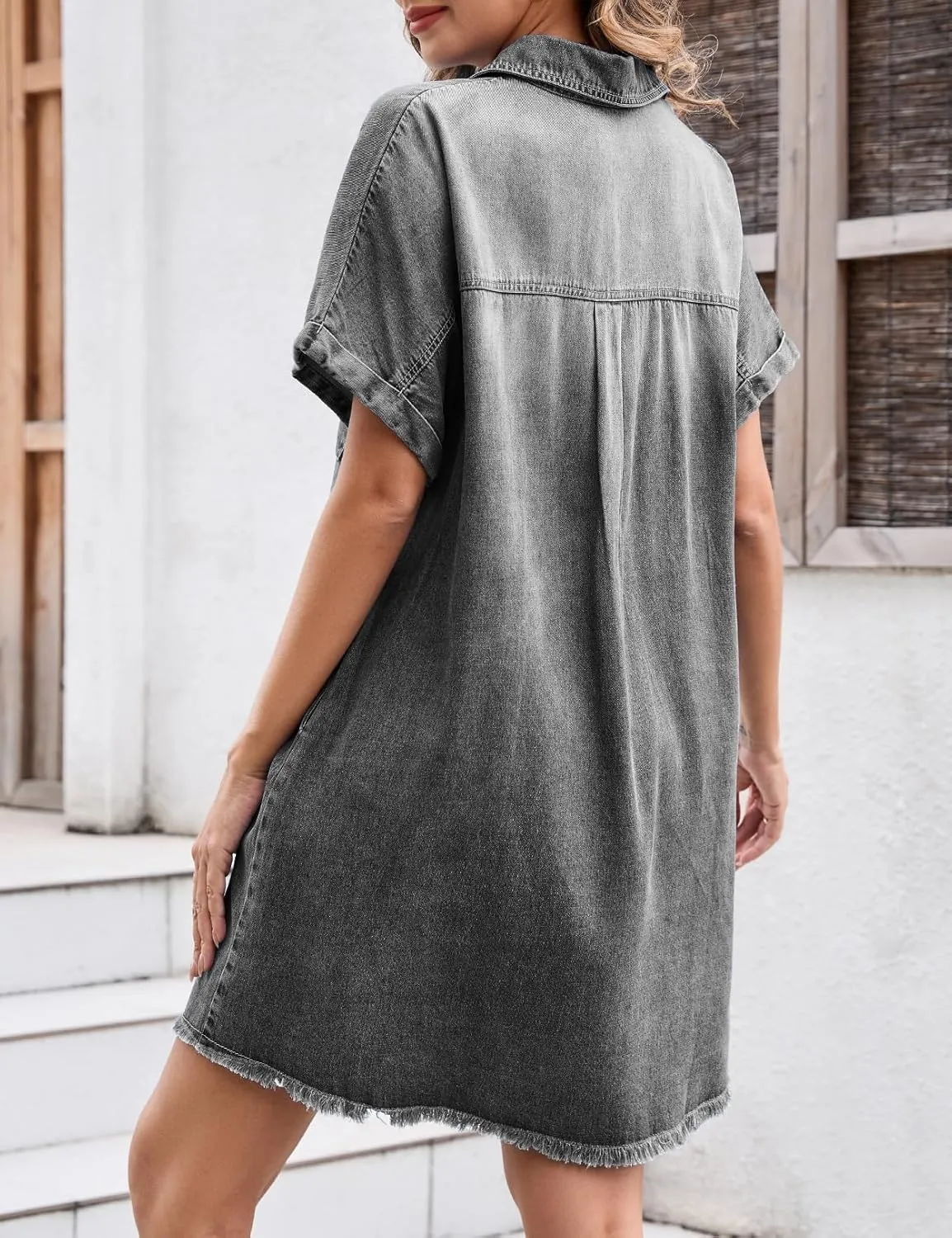 Summer Denim Dress for Women Short Sleeve Button Down Casual Western Jean Dresses