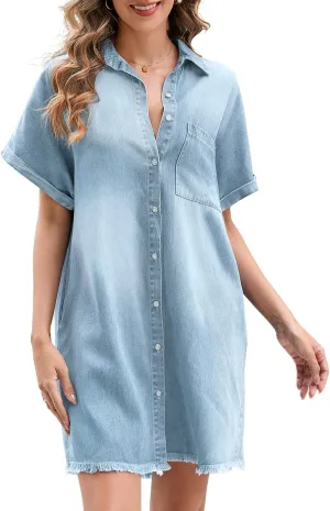Summer Denim Dress for Women Short Sleeve Button Down Casual Western Jean Dresses