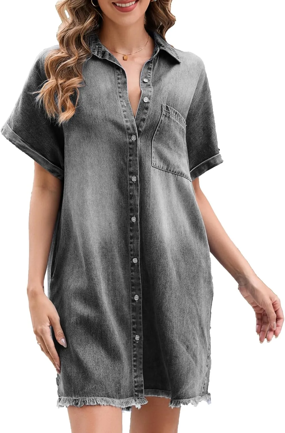 Summer Denim Dress for Women Short Sleeve Button Down Casual Western Jean Dresses