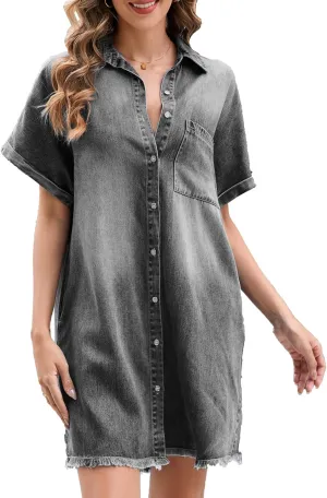 Summer Denim Dress for Women Short Sleeve Button Down Casual Western Jean Dresses