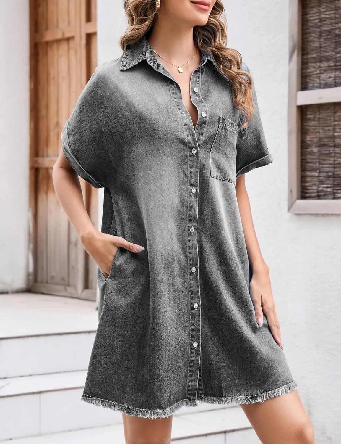 Summer Denim Dress for Women Short Sleeve Button Down Casual Western Jean Dresses