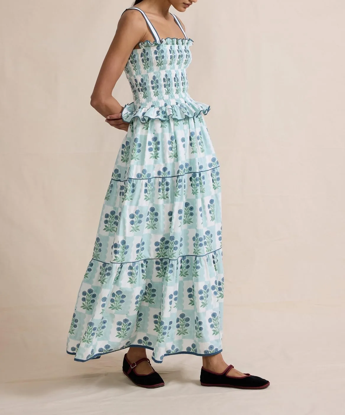 Summer Dress for Women Boho Tie Shoulder Floral Smocked Flowy Long Dress Ruffle Beach Vocation Maxi Sundress