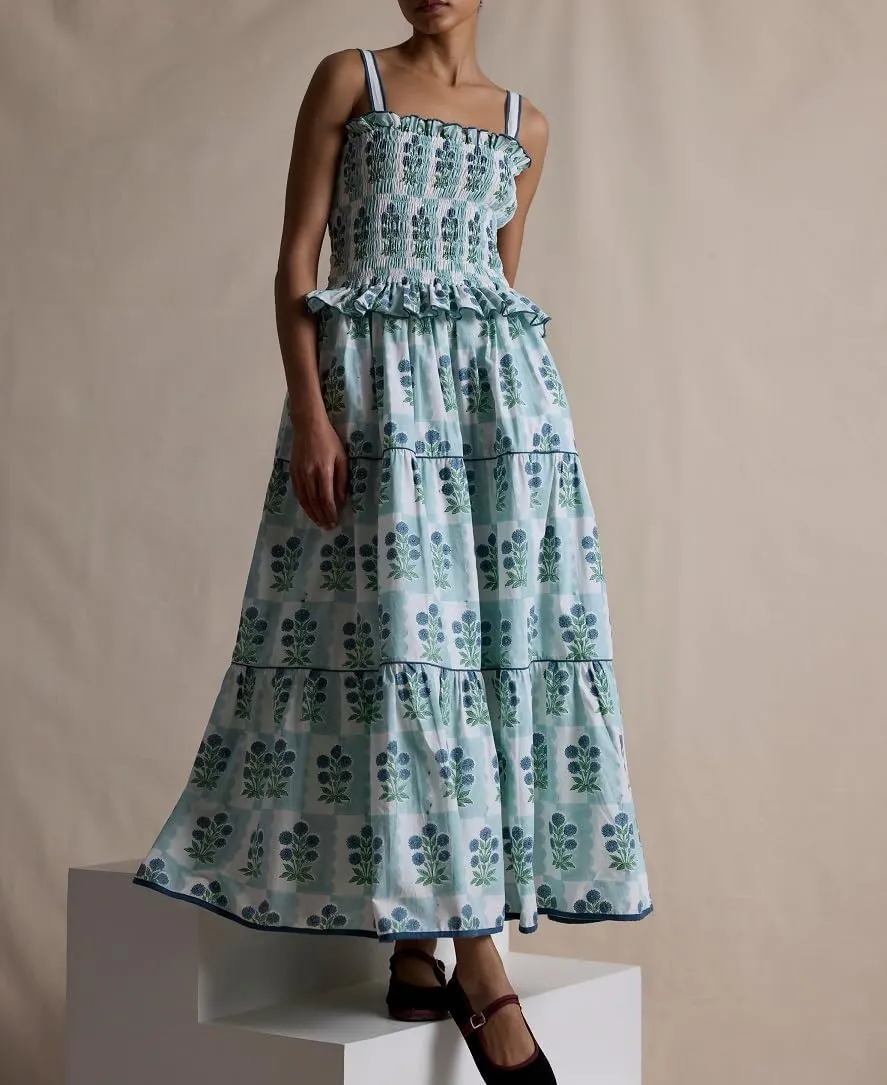 Summer Dress for Women Boho Tie Shoulder Floral Smocked Flowy Long Dress Ruffle Beach Vocation Maxi Sundress