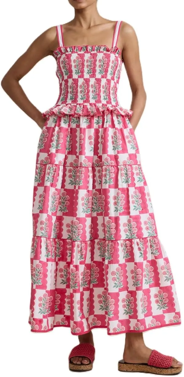 Summer Dress for Women Boho Tie Shoulder Floral Smocked Flowy Long Dress Ruffle Beach Vocation Maxi Sundress
