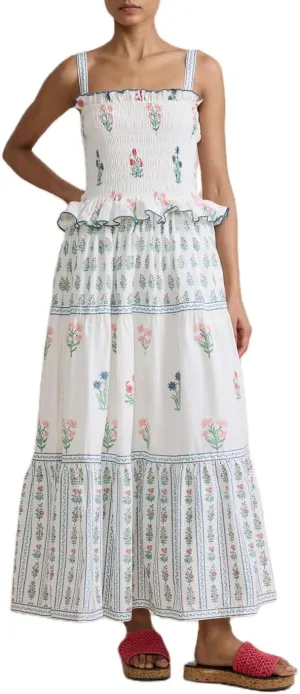 Summer Dress for Women Boho Tie Shoulder Floral Smocked Flowy Long Dress Ruffle Beach Vocation Maxi Sundress