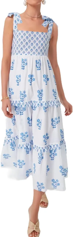 Summer Dress for Women Boho Tie Shoulder Floral Smocked Flowy Long Dress Ruffle Beach Vocation Maxi Sundress