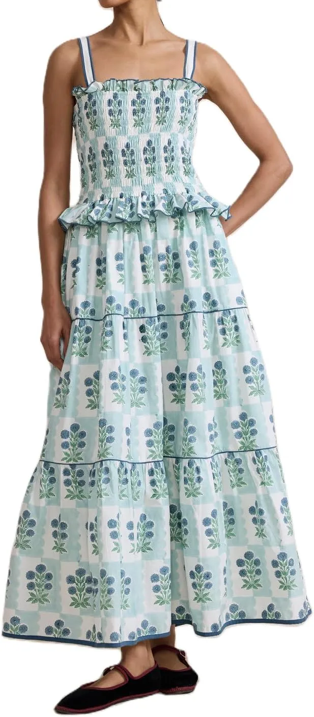 Summer Dress for Women Boho Tie Shoulder Floral Smocked Flowy Long Dress Ruffle Beach Vocation Maxi Sundress