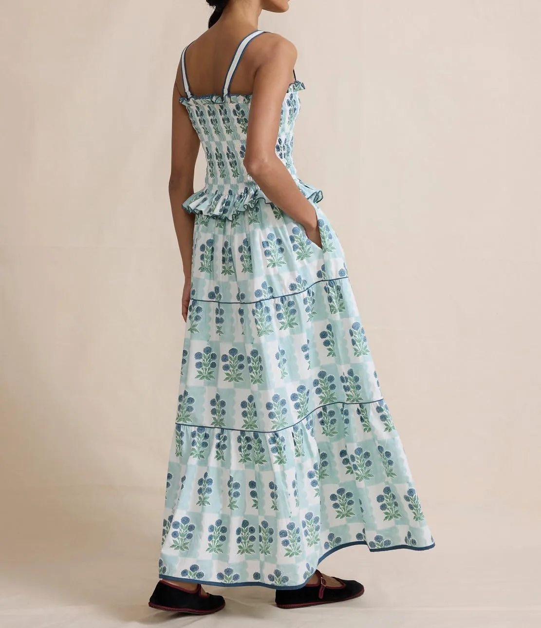 Summer Dress for Women Boho Tie Shoulder Floral Smocked Flowy Long Dress Ruffle Beach Vocation Maxi Sundress