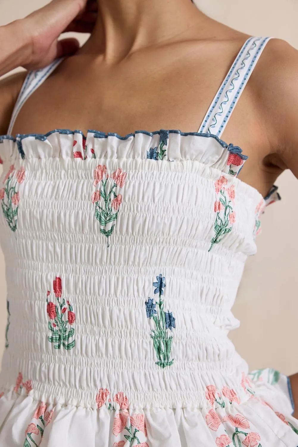 Summer Dress for Women Boho Tie Shoulder Floral Smocked Flowy Long Dress Ruffle Beach Vocation Maxi Sundress