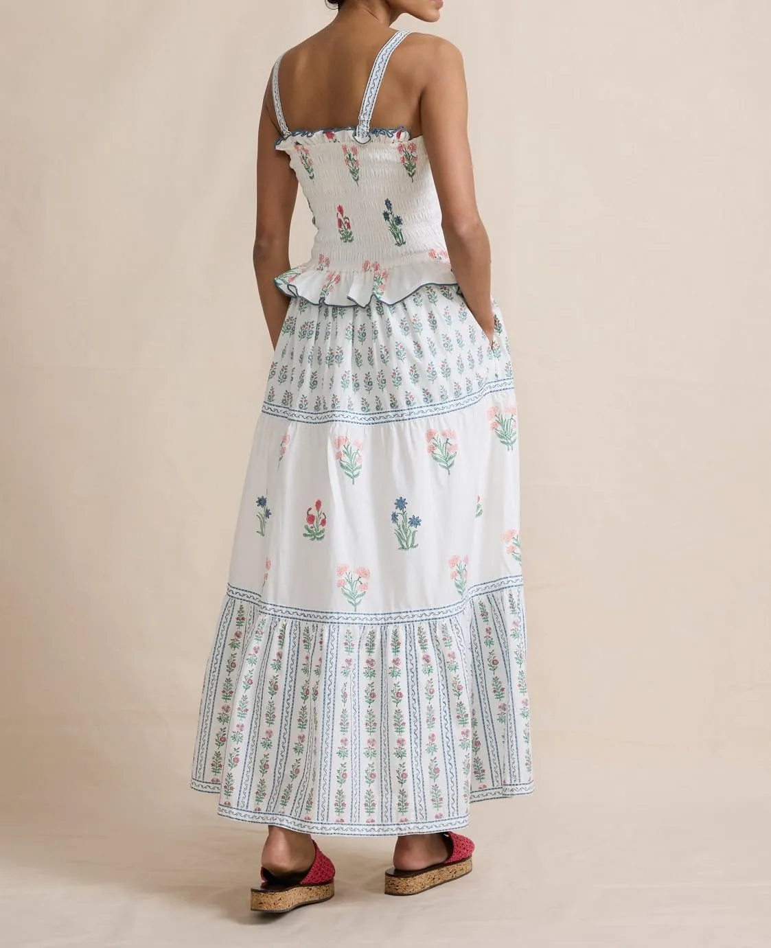 Summer Dress for Women Boho Tie Shoulder Floral Smocked Flowy Long Dress Ruffle Beach Vocation Maxi Sundress