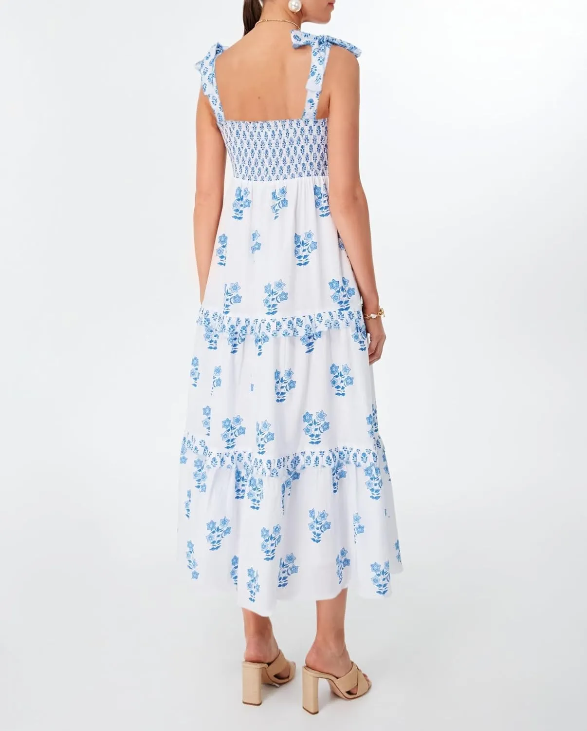 Summer Dress for Women Boho Tie Shoulder Floral Smocked Flowy Long Dress Ruffle Beach Vocation Maxi Sundress
