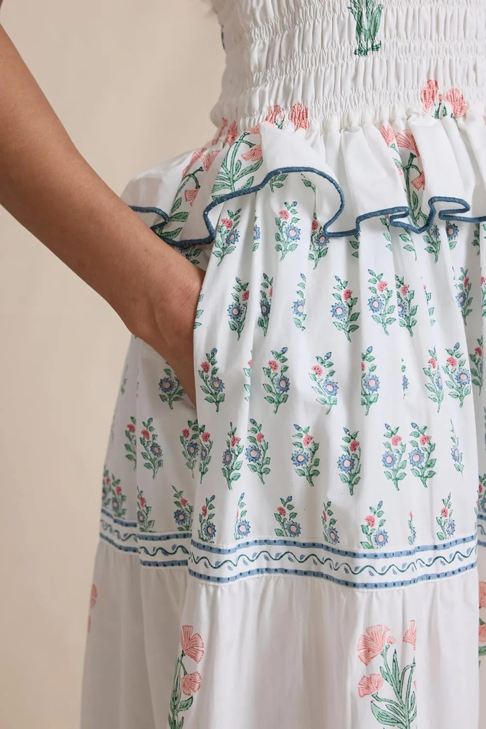 Summer Dress for Women Boho Tie Shoulder Floral Smocked Flowy Long Dress Ruffle Beach Vocation Maxi Sundress