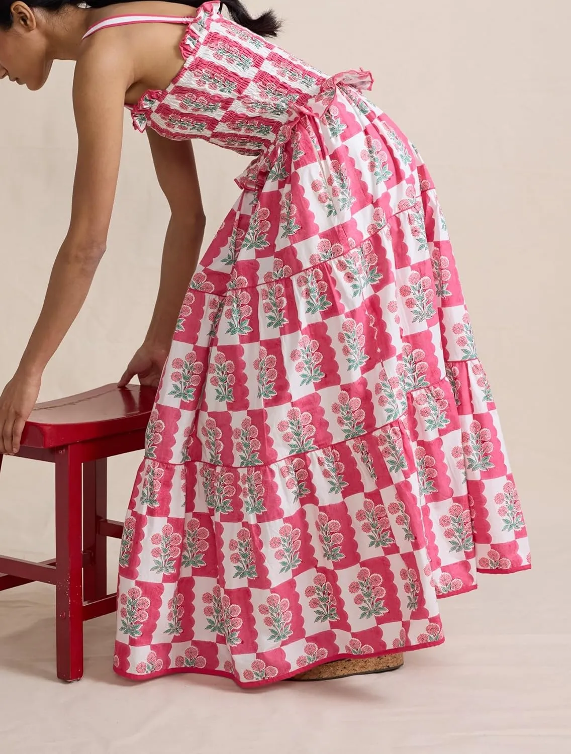 Summer Dress for Women Boho Tie Shoulder Floral Smocked Flowy Long Dress Ruffle Beach Vocation Maxi Sundress